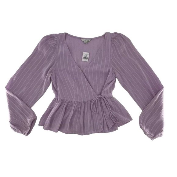 NWT American Eagle Cropped Lavender Puff Slv V-Neck Faux Wrap Boho Cottage Sz XS - Picture 3 of 10